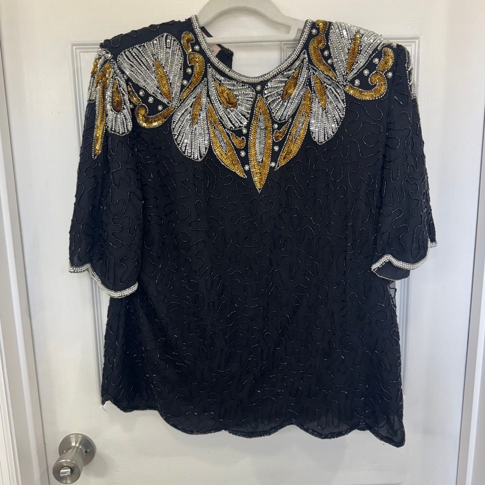 Vintage Lawrence Kazar Silk Women's XL Beaded Short Sleeve Shirt Shoulder Pads